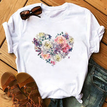 Load image into Gallery viewer, Female T-shirt Romantic Heart Shaped Flowers Vogue Kawaii Harajuku T-Shirt Women Summer Casual Tshirts Korean Style Graphic Tops