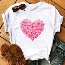 Load image into Gallery viewer, Female T-shirt Romantic Heart Shaped Flowers Vogue Kawaii Harajuku T-Shirt Women Summer Casual Tshirts Korean Style Graphic Tops