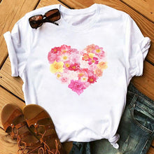 Load image into Gallery viewer, Female T-shirt Romantic Heart Shaped Flowers Vogue Kawaii Harajuku T-Shirt Women Summer Casual Tshirts Korean Style Graphic Tops