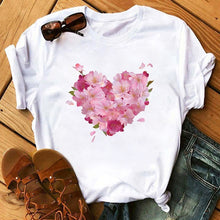 Load image into Gallery viewer, Female T-shirt Romantic Heart Shaped Flowers Vogue Kawaii Harajuku T-Shirt Women Summer Casual Tshirts Korean Style Graphic Tops
