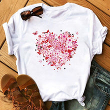 Load image into Gallery viewer, Maycaur Red Heart Butterfly Print Women Tshirt Fashion Casual O Neck Female T Shirt 90s Lady Yong Girl New Valentine's Day Gifts
