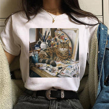Load image into Gallery viewer, Cat Van Gogh T Shirt Women Art Print Aesthetic Tshirt 90s Cartoon T-Shirt Oversize Shirts Ulzzang Casual Female Clothes Tops Tee
